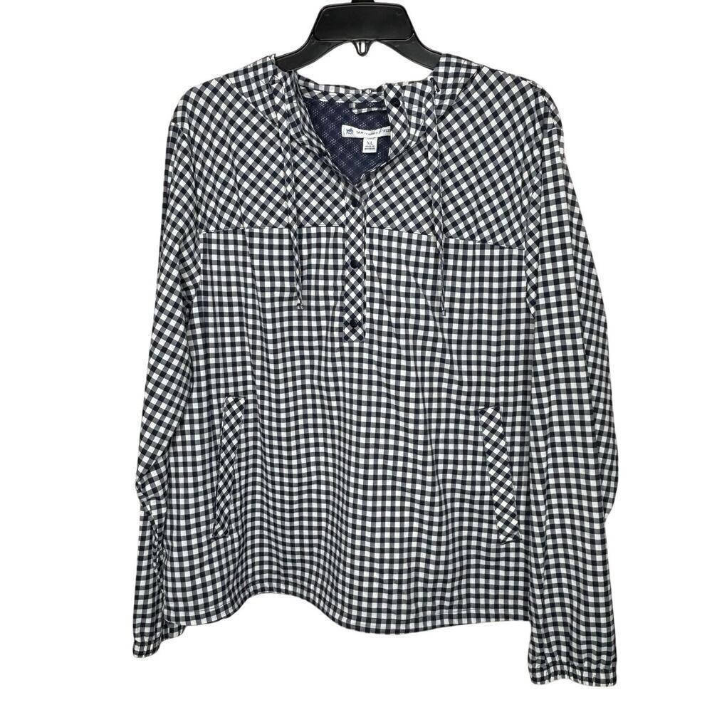 Southern Tide Callie Nautical Navy Blue & White Gingham Popover Shirt Size XL